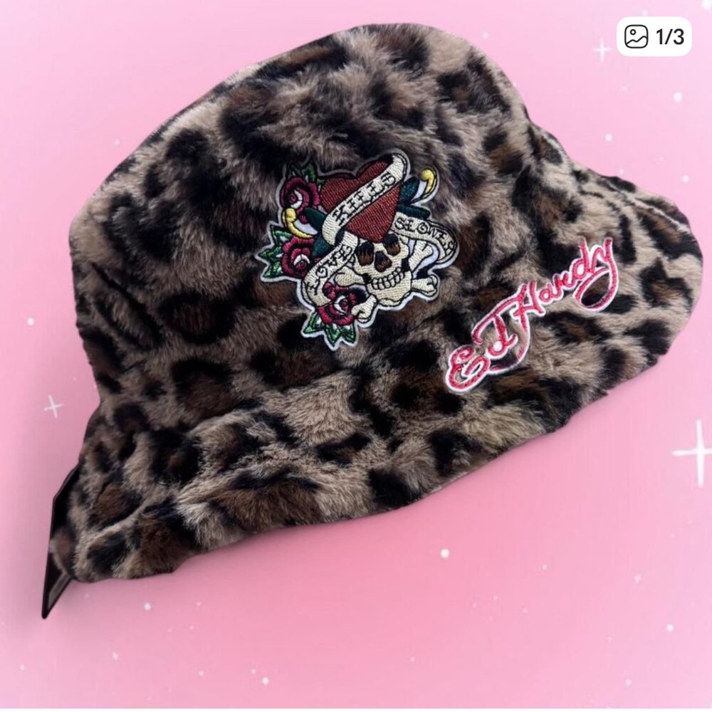Ed Hardy Faux Fur Leopard Print Bucket Hat "Love Kills Slowly" Y2K Unisex NWT